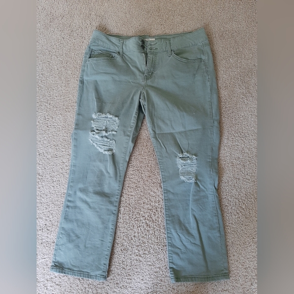 Denim Green ankle crop pants. Rips on the knees. - Picture 1 of 3